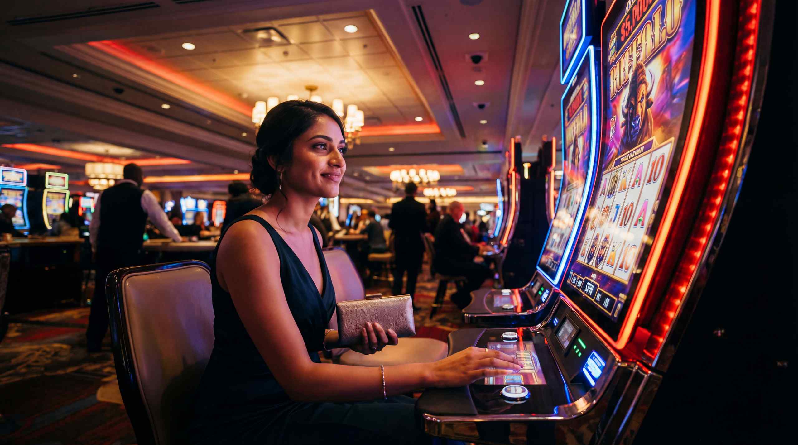 A woman playing a slot machine.